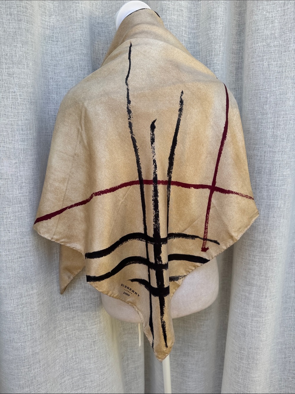 NWT Burberry 2000 silk scarf plaid lines creamed beige black burgundy